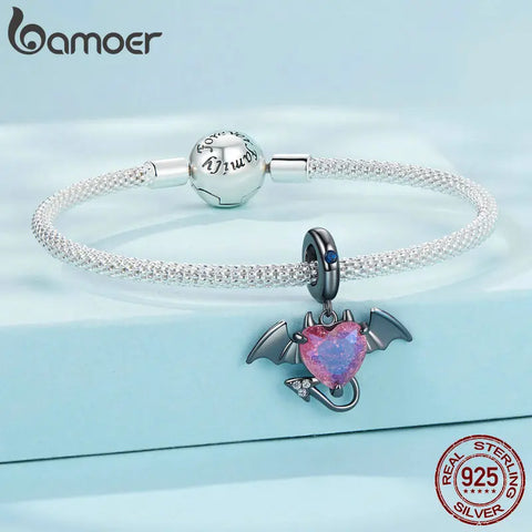 BAMOER 925 Sterling Silver Black Devil Pendant Charms Stone Heart Beads for Women DIY  Jewelry Gift Making