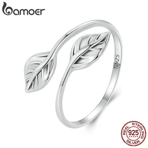 Bamoer 925 Sterling Silver Leaf Opening Ring Adjustable Leaves Ring Platinum Plated Simple Jewelry for Women SCR975-E