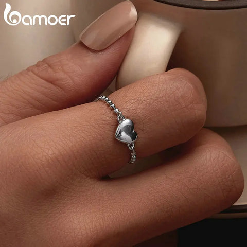 Bamoer 925 Sterling Silver Heart Ring Bead Chain Ring Original Design Fine Jewelry Gift for Women Party BSR488