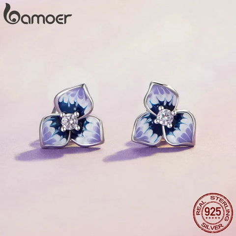 BAMOER Purple Enamel Pansy Earrings 925 Sterling Silver CZ Flower Stud Earrings Platinum Plated for Women Girls BSE860