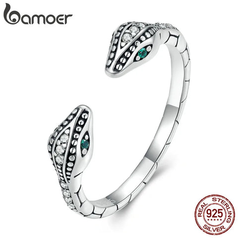 Bamoer 925 Sterling Silver Double Snakeheads Open Ring Snake Adjustable Ring for Women Pave Setting Zircon Fine Jewelry BSR317
