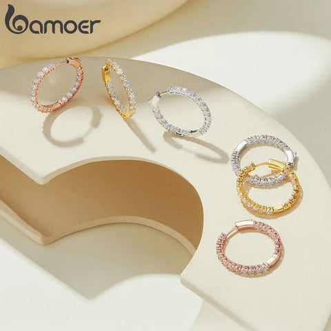 BAMOER 14K Gold Plated Hoop Earrings Big Round Loops Earrings Dainty Halo CZ Women Ear Jewelry