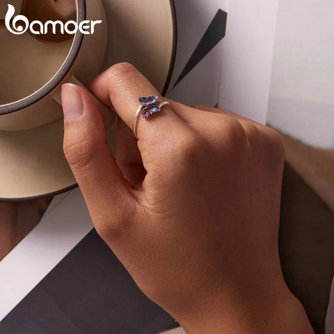 BAMOER Authentic 925 Sterling Silver Violet Pavé Crystal Butterfly Ring Size 6 7 8 Women Making Ring Fine Jewelry Wedding Gift
