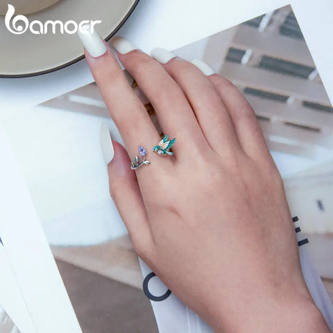 Bamoer Fashion 925 Sterling Silver Kingfisher Open Ring for Women Eternity Band Lively Bird Ring Gift Fine Jewelry Party BSR286