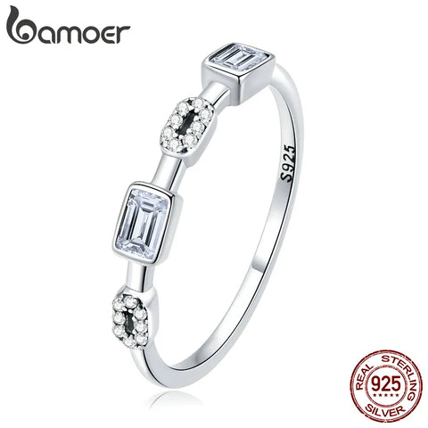 BAMOER 925 Sterling Silver Elegant Chic Chain Band for Women Geometric Statement Ring Party Fine Jewelry Gift BSR256