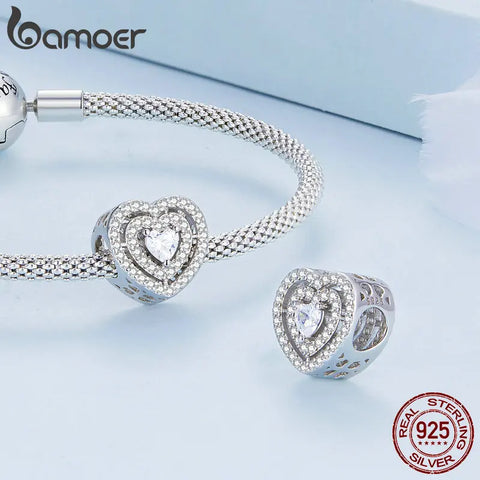 Bamoer 925 Sterling Silver Delicate Rose Heart Pendant fit Women DIY Bracelet & Bangle Shiny Zirconium Love Charms Fine Jewelry