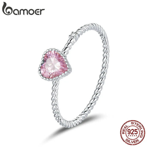 bamoer Real 925 Sterling Silver Pink Love CZ Eternity Rings For Fashion Women Cute Fine Jewelry Wedding Promise Bands BSR157