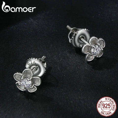 BAMOER Moissanite 925 Sterling Silver Stud Earrings, Brilliant Sakura Shape VVS1 Clarity Lab Created Diamond Earrings