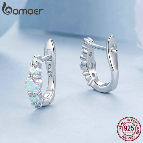 BAMOER 925 Sterling Silver Dreamy Rainbow Zircon Ear Buckles U Shape Huggie Earrings for Women Party Fine Jewelry