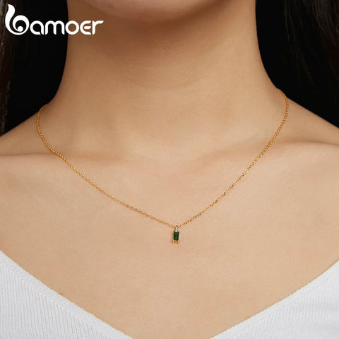 Bamoer 925 Sterling Silver Green Zircon Pendant Necklace for Women Fine Jewelry Plated Gold Link Chain Women Jewelry Gift 17.3''