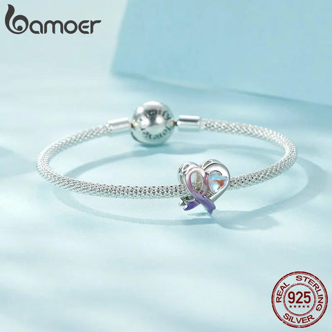 BAMOER 925 Sterling Silver Faith Heart Beads Purple Ribbon Charms Plated Platinum Fine Jewelry for Women Bracelet DIY