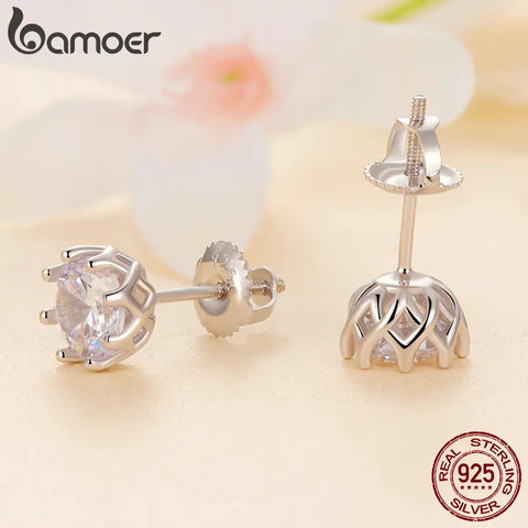 BAMOER Platinum Plated Moissanite Earrings Eight Prong Wire Basket Lab Created Diamond Stud Earrings for Women