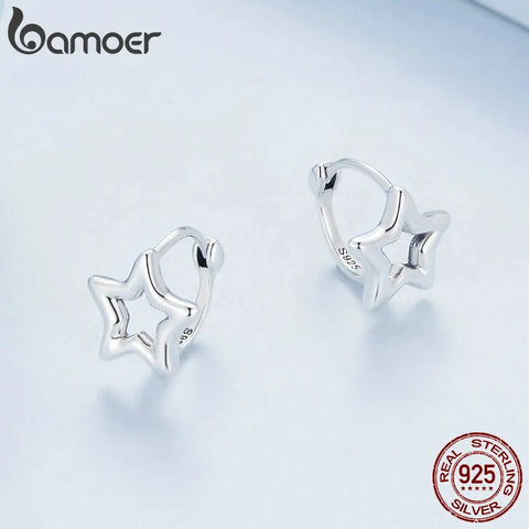 Bamoer 925 Sterling Silver Simple Star Ear Buckles Minimalist Silver Hoop Earrings for Women Girls Original Design Fine Jewelry
