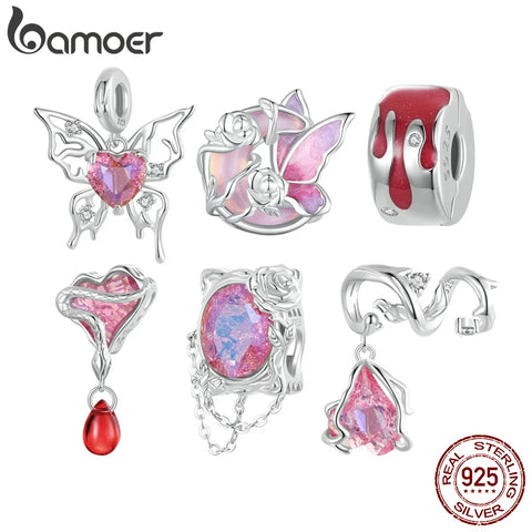 Bamoer 925 Sterling Silver Pink Heart Pendant Charms Butterfly & Rose Beads for Women Original Bracelet DIY Accessories