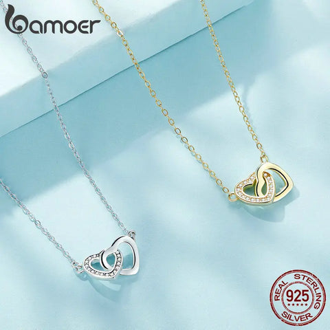 Bamoer 925 Sterling Silver Connected Heart Pendant Necklace for Girlfriend Valentine's Day Gift Fine Jewelry SCN181