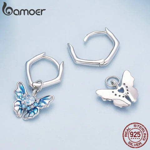Bamoer 925 Sterling Silver Blue Butterfly Ear Buckles Heart Shape Hoop Earrings for Women Pave Setting CZ Fine Jewelry