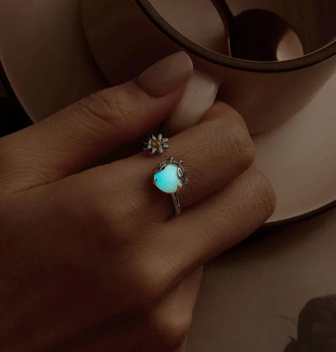 BAMOER 925 Sterling Silver Animal Open Rings for Women, Luminous Firefly Ring High Polish Comfort Fit Adjustable Ring