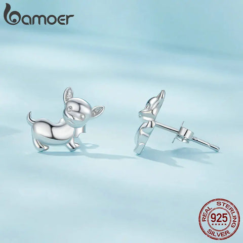 Bamoer 925 Sterling Silver Cute Chihuahua Stud Earrings Lovely Dog Platinum Plated Earrings for Women Party Fine Jewelry