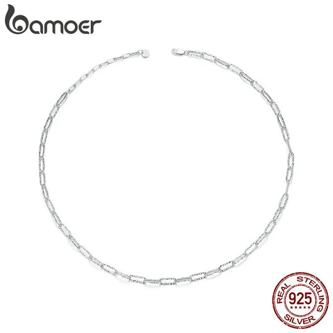 BAMOER 925 Sterling Silver Punk Style Stackable Basic Chain Link Square Buckle Necklace for Women Party Fine Jewelry