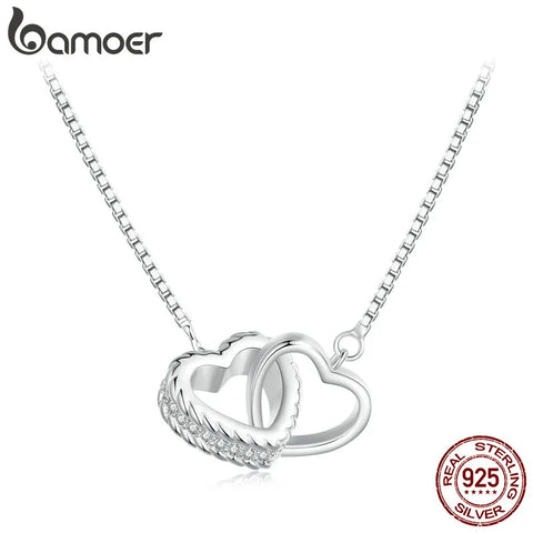 Bamoer 925 Sterling Silver Double Heart Pendant Necklace Clavicle Chain Link for Women Party Jewelry Valentine's Day Gift