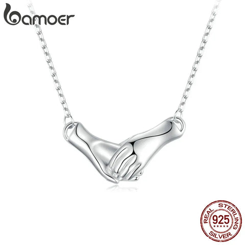 Bamoer 925 Sterling Silver Hand in Hand Pendant Necklace Platinum Plated Guard hand Neck Chain for Women Friends Gift