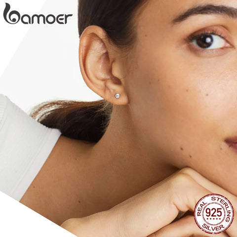 Bamoer 925 Sterling Silver Simple Round Moissanite Stud Earrings for Women Classic Engagement Wedding Fine Jewelry Gift MSE038
