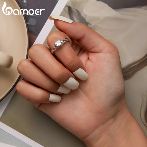 Bamoer 925 Sterling Silver Romantic Love Ring for Women Fine Jewelry Shining Heart Stone Ring for Girl Wedding Bridal Gift