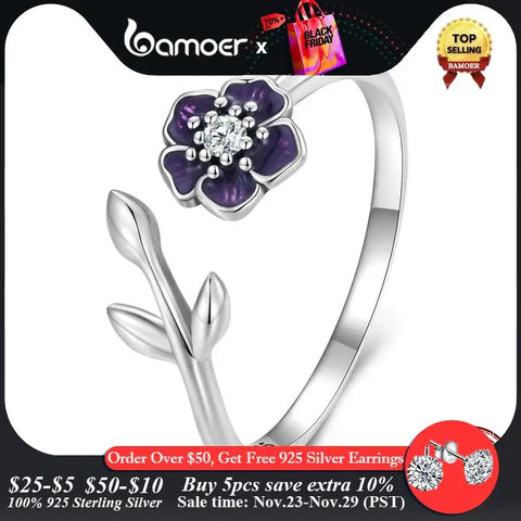 Bamoer 925 Sterling Silver Enamel Purple Flower Adjustable Ring Zircon Opening Ring for Women Birthday Gift Fine Jewelry BSR394