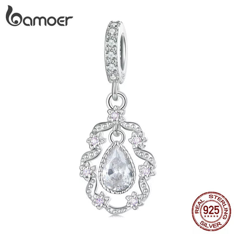 Bamoer 925 Sterling Silver Rococo Hanging Bead Waterdrop Zircon Flower Pendant Charms for Women Bracelet and Necklace DIY