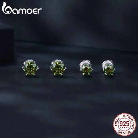 Bamoer D VVS1 Lab Diamonds Minimalist Green and Blue Moissanite Stud Earrings for Women 925 Sterling Silver Wedding Jewelry