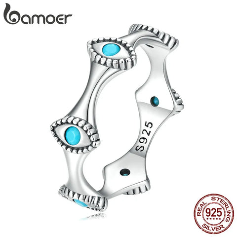 Bamoer 925 Sterling Silver Devil's Eyes Ring for Women 6-8 Size Fashion Wedding Gift Eternity Bands Turquoise Anillos SCR858