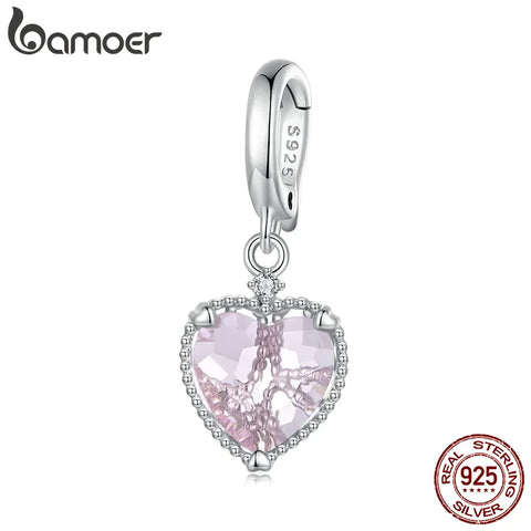 Bamoer 925 Sterling Silver Pink Heart Hanging Beads Hollow-out Love Pendant  Charms for Women Bracelet Necklace DIY