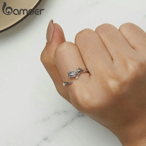 Bamoer 925 Sterling Silver Blue Tulip Opening Ring Flower & Vine Adjustable Ring for Women Romantic Fine Jewelry BSR465