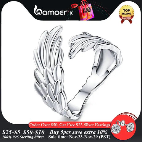 Bamoer 925 Sterling Silver Guardian Wings Open Ring Angel Wing Adjustable Finger Ring for Women Fashion Statement Jewelry SCR512