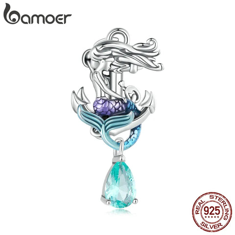 Bamoer 925 Sterling Silver Blue Enamel Mermaid Charms Anchor Beads for Women Bracelet Necklace DIY Fine Jewelry BSC903