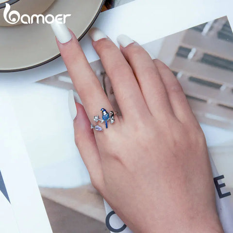Bamoer 925 Sterling Silver Exqusite Blue Bird Ring for Women Fine Jewelry Dainty Leaf Open Ring Fashion Wedding Gift BSR288