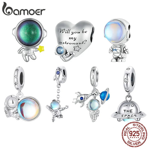 Bamoer 925 Sterling Silver Astronaut Hanging Bead Heart-shapped Charms for Women Bracelet and Necklace DIY Fine Jewelry
