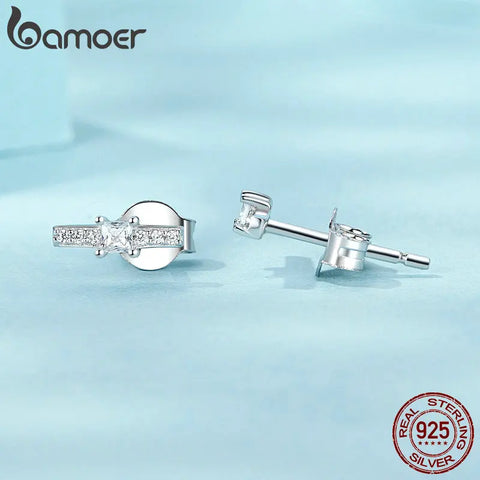 BAMOER 925 Sterling Silver Delicate Mini Line Stud Earrings Sparkling Zircon Earrings for Women Engagement Party Jewelry