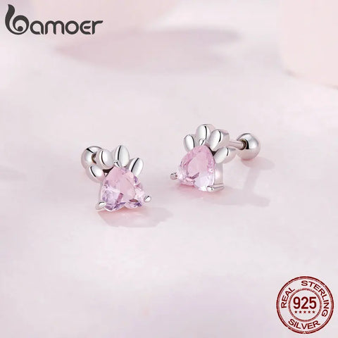 Bamoer 925 Sterling Silver Cute Dog Paw Stud Earrings Pink Heart Zirocn Footprint Earrings for Women Birthday Gift Fine Jewelry