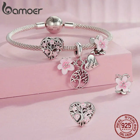 BAMOER 925 Sterling Silver Pink Flower Spacer Beads Tree of Life Charms for Women Bracelet Making Accessories