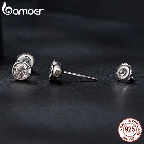 BAMOER 925 Sterling Silver Bezel Moissanite Stud Earrings Round Cut Lab Diamond Earrings for Women Wedding Jewelry Gift