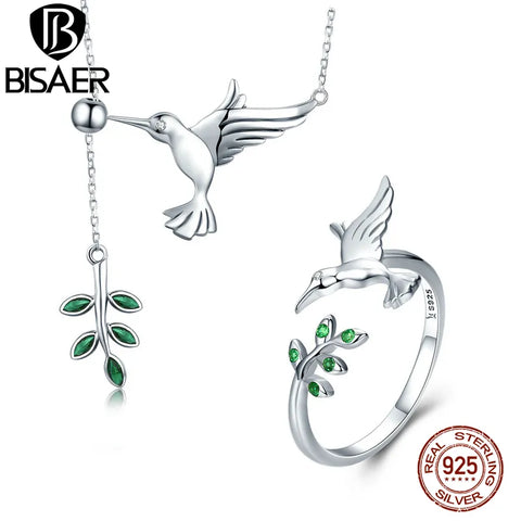BISAER Jewelry Set 925 Sterling Silver Bird Hummingbirds Greeting Collar Anel Jewelry Sets For Women Fashion Earrings Jewelry
