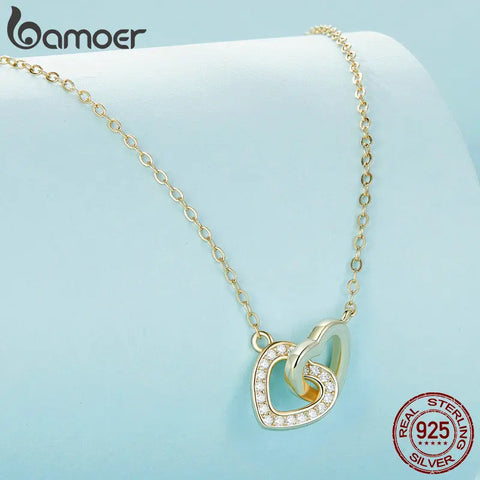 Bamoer 925 Sterling Silver Connected Heart Pendant Necklace for Girlfriend Valentine's Day Gift Fine Jewelry SCN181