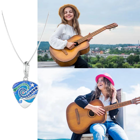 BAMOER Music Gifts 925 Sterling Silver Guitar Plectrum Necklace Blue Enamel Delicate Charm Pendant for Women Teen Girls