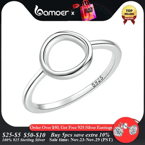 bamoer Sterling Silver 925 Simple Fashion Circle Finger Rings for Women Statement Ring