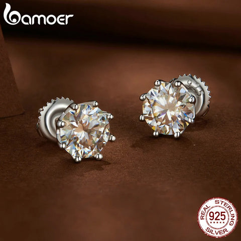 Bamoer Moissanite Stud Earrings for Women 925 Sterling Silver Brilliant Cut D VVS Solitaire for Engagement Wedding Fine Jewelry