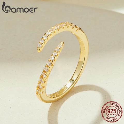Bamoer 925 Sterling Silver Simple Geometric Line Adjustable Ring Snake Tail Opening Ring Platinum Plated Fine Jewelry for Women