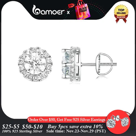 BAMOER Exquisite Halo Stud Earrings 925 Sterling Silver Moissanite Earrings for Women Engagement Wedding Fine Jewelry Gift