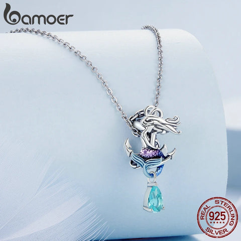 Bamoer 925 Sterling Silver Blue Enamel Mermaid Charms Anchor Beads for Women Bracelet Necklace DIY Fine Jewelry BSC903