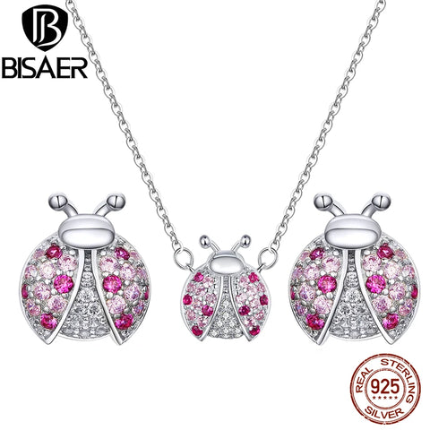 BISAER 925 Sterling Silver Pink Laybug Jewelry Set Pavé Setting Zircon Necklace Earrings Plated Platinum For Romantic Women Gift